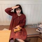 Long-sleeve Embroidered A-line Dress Wine Red - One Size
