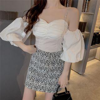 Elbow-sleeve Cold Shoulder Blouse White - One Size