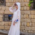 Spaghetti Strap Lace Up Midi A-line Dress / Phoenix Embroidered Hooded Light Jacket / Set