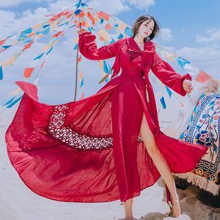 3/4-sleeve Hooded A-line Maxi Dress