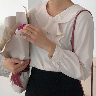 Long-sleeve Ruffle Blouse Light Almond - One Size
