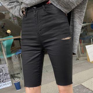 Slashed Coated Skinny Shorts