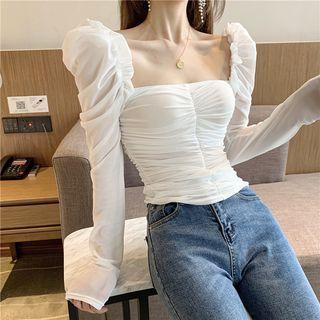 Square-neck Long-sleeve Mesh Top