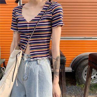 Striped Short-sleeve Cardigan