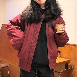Plain Bomber Jacket Wine Red - One Size
