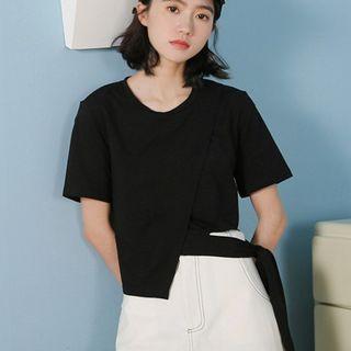 Short-sleeve Asymmetric Side-tie T-shirt As Shown In Figure - One Size