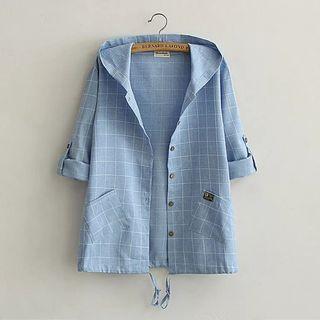 Long-sleeve Plaid Hooded Button Jacket