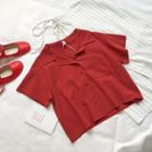 Short-sleeve Plain Shirt / Striped A-line Midi Skirt