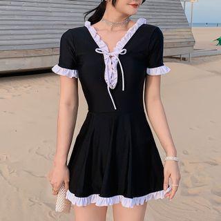 Short-sleeve V-neck Ruffle Trim Swimdress