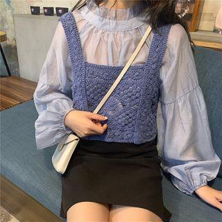 Lantern-sleeve Blouse / Crochet Knit Camisole Top