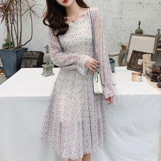 Set: Long-sleeve Dotted Midi A-line Dress + Slipdress