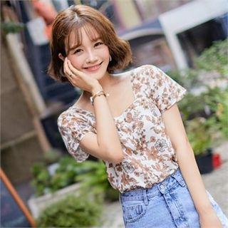 Square-neck Cap-sleeve Floral Blouse