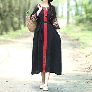 Embroidered Long-sleeve Midi Shift Dress