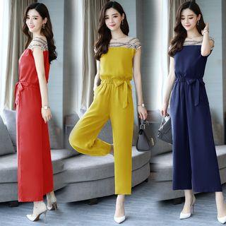 Set: Contrast Strap Sleeveless Top + Wide-leg Pants