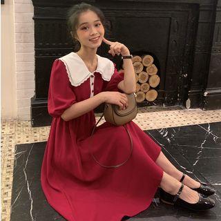 3/4-sleeve Lace Trim A-line Midi Chiffon Dress
