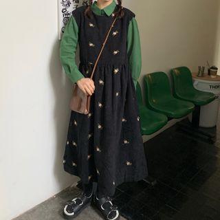 Shirt / Floral Embroidered Midi Pinafore Dress