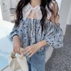 Lace Collar Panel Off-shoulder Floral Chiffon Shirt