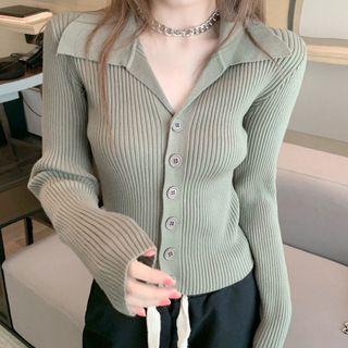 Collared Button-up Ribbed Knit Top