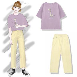 Print Short-sleeve T-shirt / Straight Fit Jeans