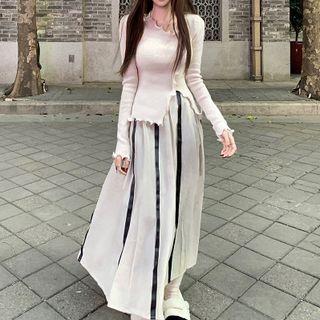Ruffle Sweater / Striped Midi A-line Skirt