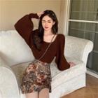 Bishop-sleeve Knit Top / Floral Print Mini Fitted Skirt