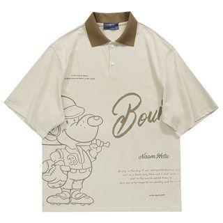Short-sleeve Collar Dog Print T-shirt
