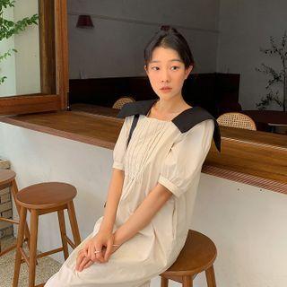 Square-collar Pintuck Midi Dress