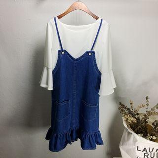 Set: Elbow Sleeve Top + Spaghetti Strap Dungaree Dress