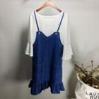 Set: Elbow Sleeve Top + Spaghetti Strap Dungaree Dress