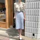 Floral Ruffle Trim Elbow-sleeve Blouse / Plain Midi Straight-fit Skirt