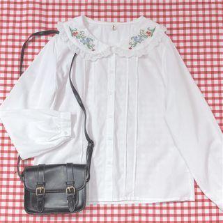 Flower Embroidered Collared Blouse White - One Size