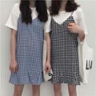 Mock Two-piece Short-sleeve Plaid Mini Dress