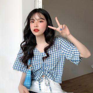 Gingham Puff-sleeve Drawstring Cropped Blouse