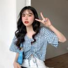 Gingham Puff-sleeve Drawstring Cropped Blouse