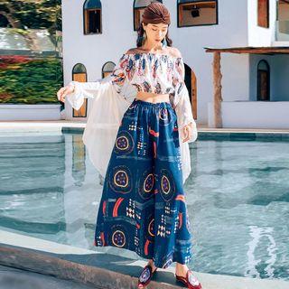 Printed Off-shoulder Long-sleeve Top / Printed Wide-leg Pants / Set