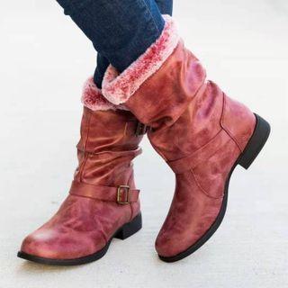 Fluffy Trim Buckled Mid Calf Boots