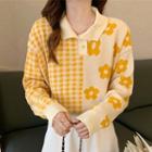 Polo-neck Houndstooth Flower Print Panel Sweater