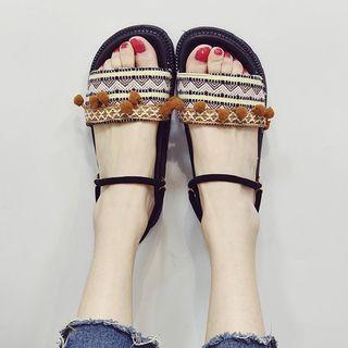 Pompom Accent Pattern Slide Platform Sandals