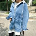 Plus Size Detachable-hooded Patch-pocket Denim Jacket