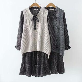 Set: Cable-knit Sweater Vest + Plaid Tie-neck Midi A-line Dress