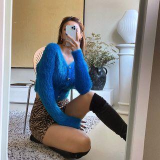 Metallic-button Faux-fur Cardigan