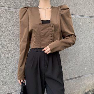 Puff-sleeve Square-neck Cropped Single-breasted Top
