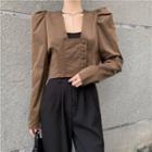 Puff-sleeve Square-neck Cropped Single-breasted Top