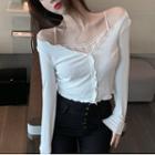 Long-sleeve Lace Panel Cold-shoulder Top White - One Size