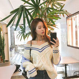 V-neck Stripe-back Cable Sweater