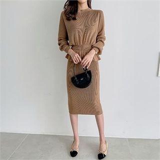 Set: Drop-shoulder Frill-hem Knit Top + Slit-back Skirt