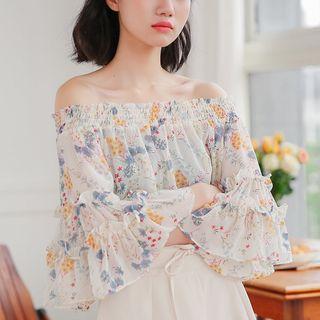 Patterned Off Shoulder 3/4-sleeve Top