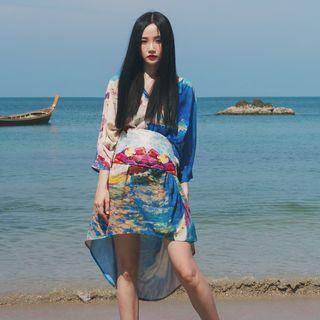 3/4-sleeve Japanese-style Oversized Printed Dress