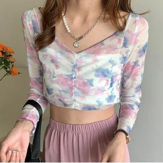 Long-sleeve Tie-dyed Cropped T-shirt Tie-dyed - Pink & Blue & White - One Size