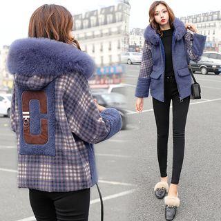 Plaid Panel Furry Hooded Zip Jacket